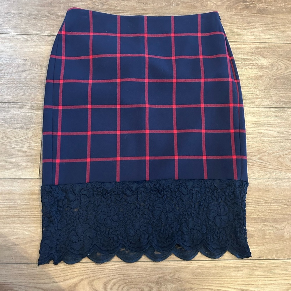 Michael Michael Kors Navy Plaid Pencil Skirt w/ Lace Hem Size 6